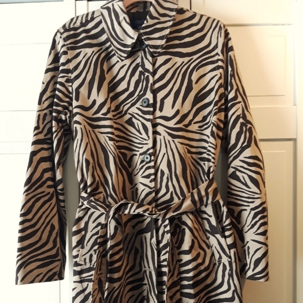 Chaps Zebra Print Trench Coat - Black and Tan